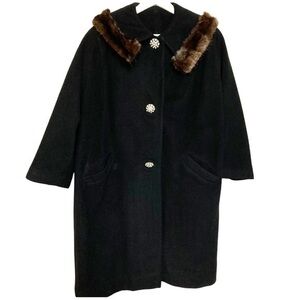vintage M fur collar trim wool dress coat USA‎ union made button down 3/4 sleeve